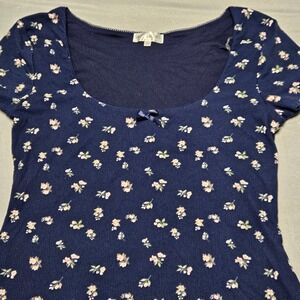 Riley & James Floral Fit and Flare Dress Womens L Navy Blue Ribbed Short Sleeve